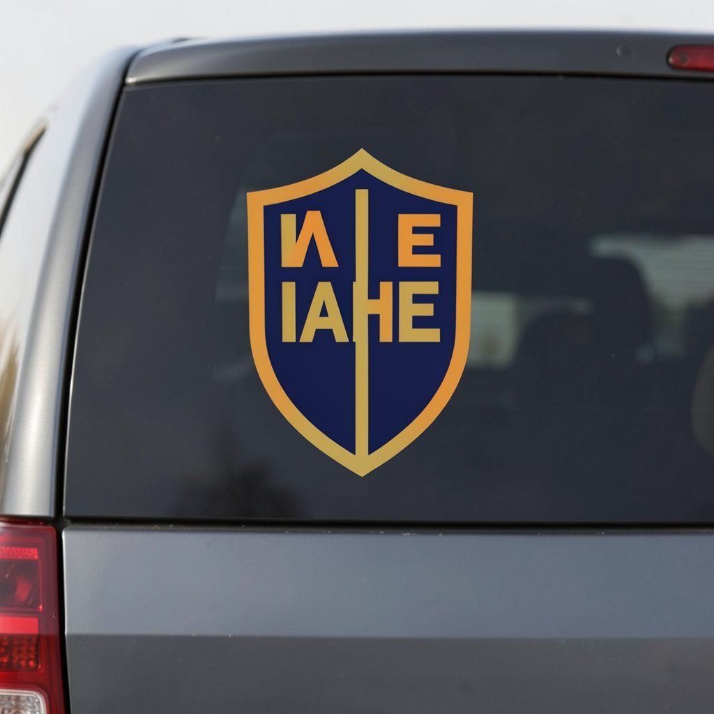 Die-cut vinyl decal of the IAHE shield in navy and gold, shown on a vehicle rear window